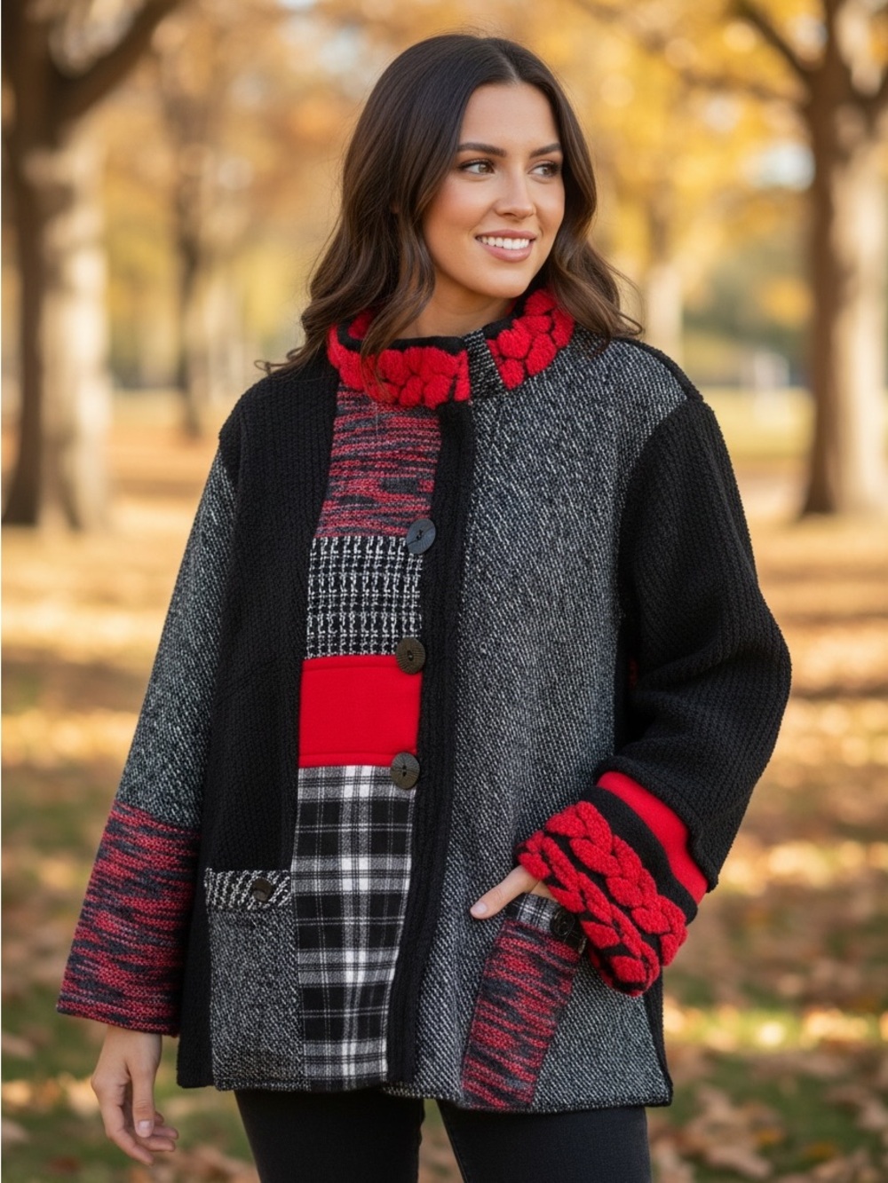 Ali Miles Black & Red Patchwork Lagenlook Jacket/ Coat New 3X
